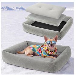 Cooling Dog Bed for Small Medium Cats - Removable Inner Cushion & Reversible Design (Ice‑Silk Cooling Layer | Sherpa Fleece Layer), Non‑Slip Bottom Wa