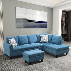 Blue Flannel Living Room Sofa Set