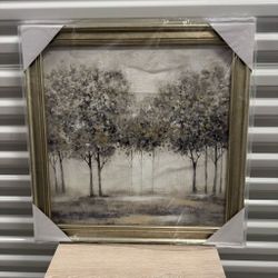 24 x 24 Sliver Tree Framed Painting Abstract Forest Canvas Wall Art Modern Landscape Picture Foggy
