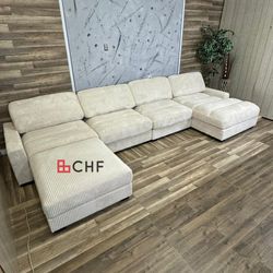 Beige Corduroy Modular Sectional Sofa Living Room 