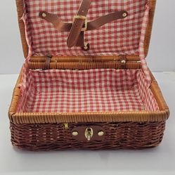 Vintage Wicker Picnic Basket Red Gingham Lined Storage Case Rustic Farmhouse
