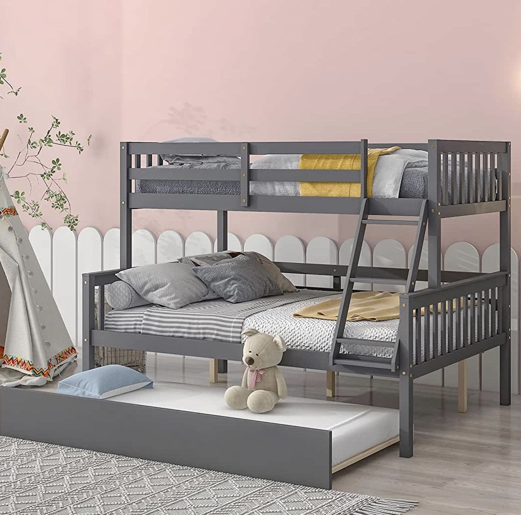 Unovivy Twin Over Full Bunk Bed with Trundle, Bunk Beds Twin Over Full Size with Guardrails & Ladder