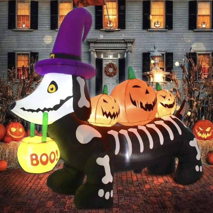 Gardentime 5FT Halloween Inflatables Skeleton Puppy Blow Up Black Dog Outdoor Decorations with Ghost Pumpkin Witch Hat Yard Decor with Built-in LED Li
