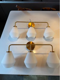 Set of 2 Modern Brushed Brass 3-Light Vanity Lights – Like New