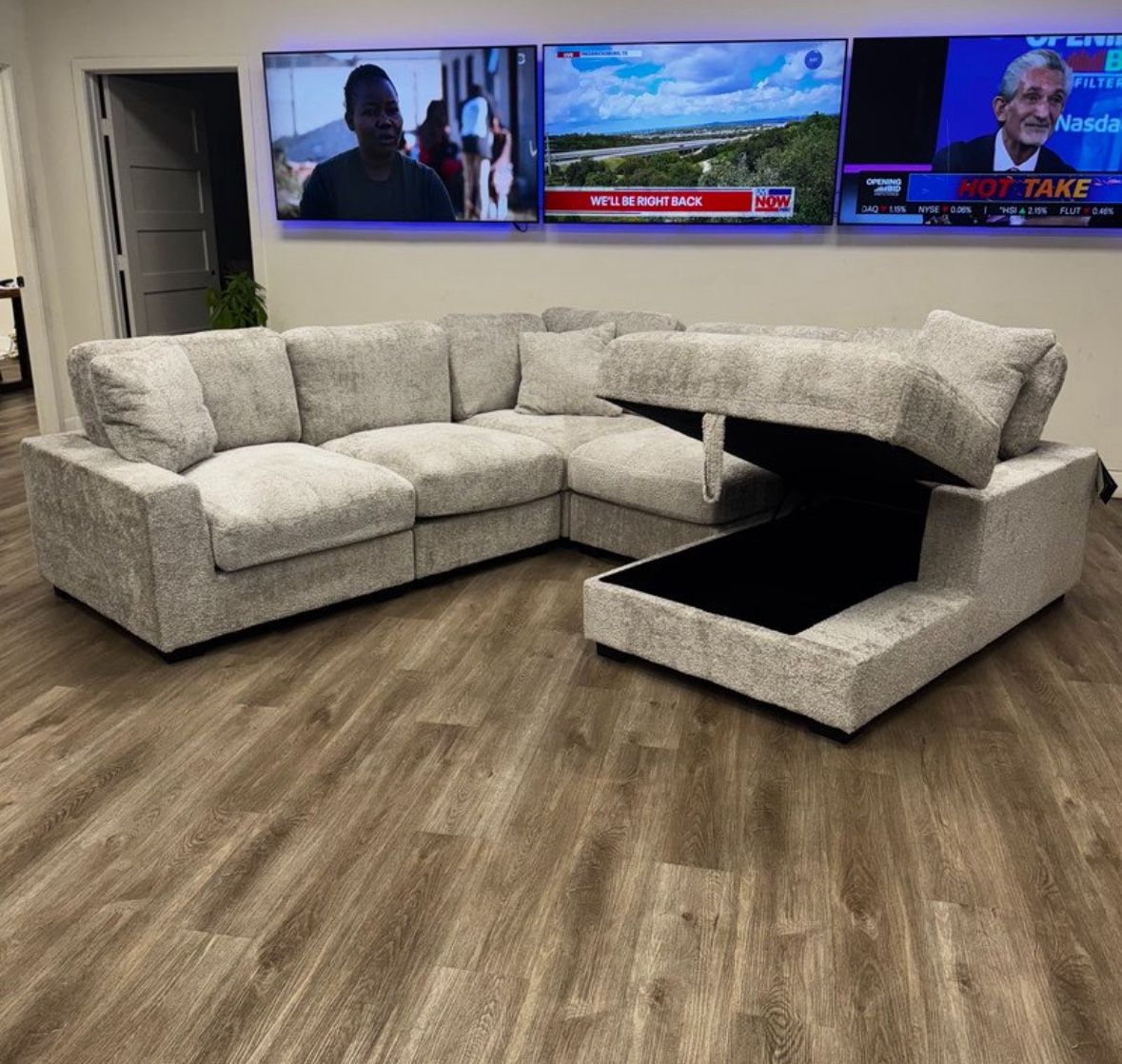 NEW IN BOX - Grey Sectional With Accent Pillows and STORAGE CHAISE** Finance Available $54 down