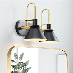 vivihobb Black and Gold Bathroom Light Fixtures,2-Light Modern Vanity Lights Over Mirror with Metal Shades