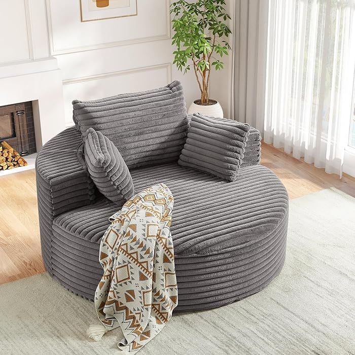 Oversized Round Chaise Longue Chair Indoor, Modern 55-inch Upholstered Corduroy Deep Seat Circle Single Cloud Lounge Floor Sofa Chair for Living Room,