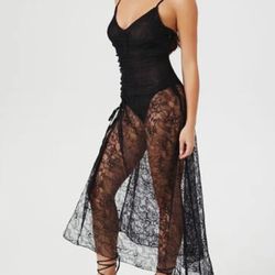 Sheer Lace Drawstring Maxi Dress