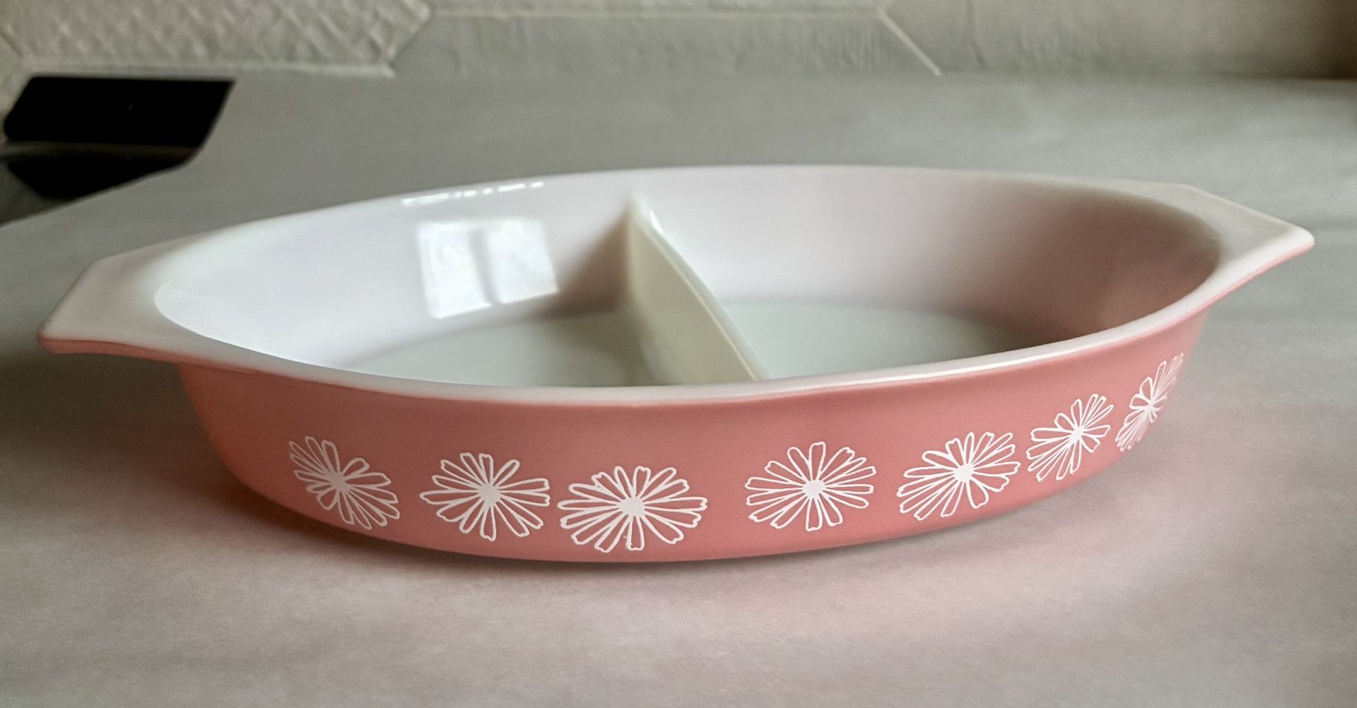Vintage Pyrex Pink Daisy Divided 1 1/2 Qt Casserole Dish (No Lid)
