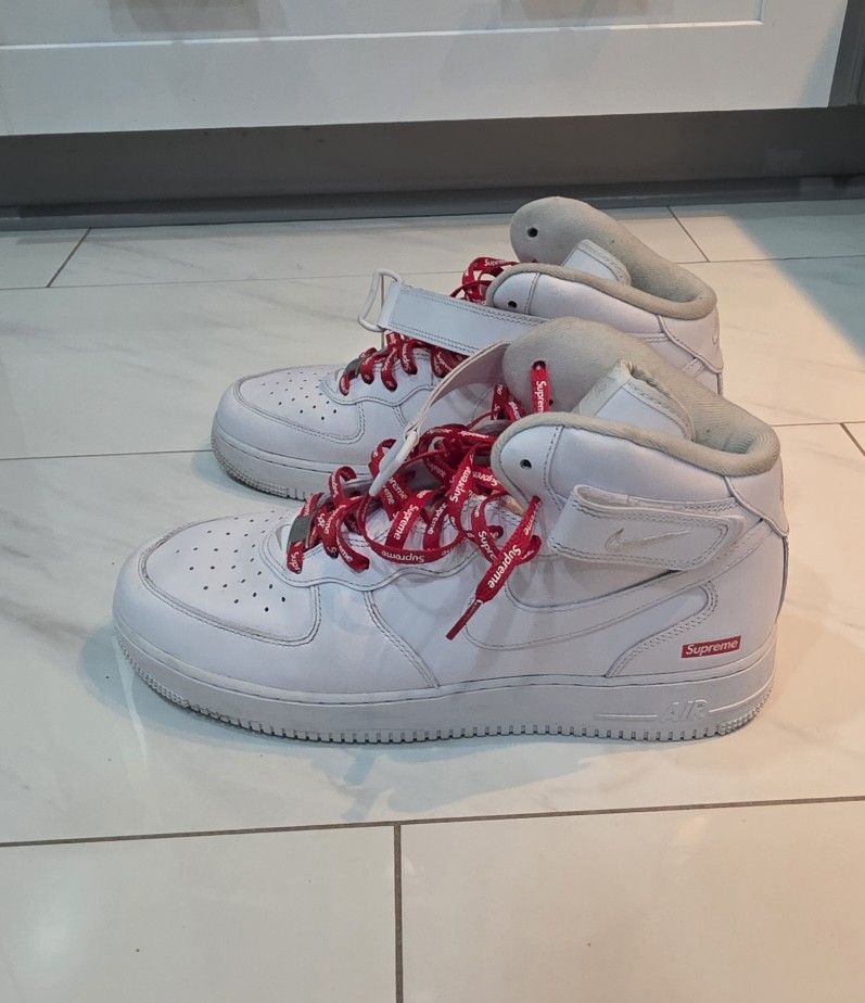 Size 11 - Nike Supreme x Air Force 1 Mid Box Logo - Triple White