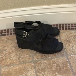 Auth FENDI Black Zucca Monogram Buckle Strap Wedge Shoes Size 7 