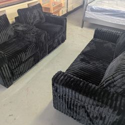 Dark Corduroy Sofa & Loveseat W/USB Ports
