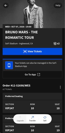 Bruno Mars Tickets @ Sofi 10/7 (VIP247)