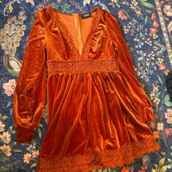 #2: FREE Cider Rust Velvet Crochet Trim Dress M Boho Plunge V-Neck Long Sleeve Fall