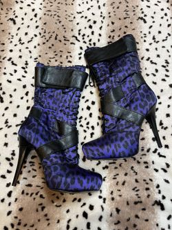 Carlos Santana Sexy Satin Purple Leopard Print Platform Stiletto Boots Sz 10