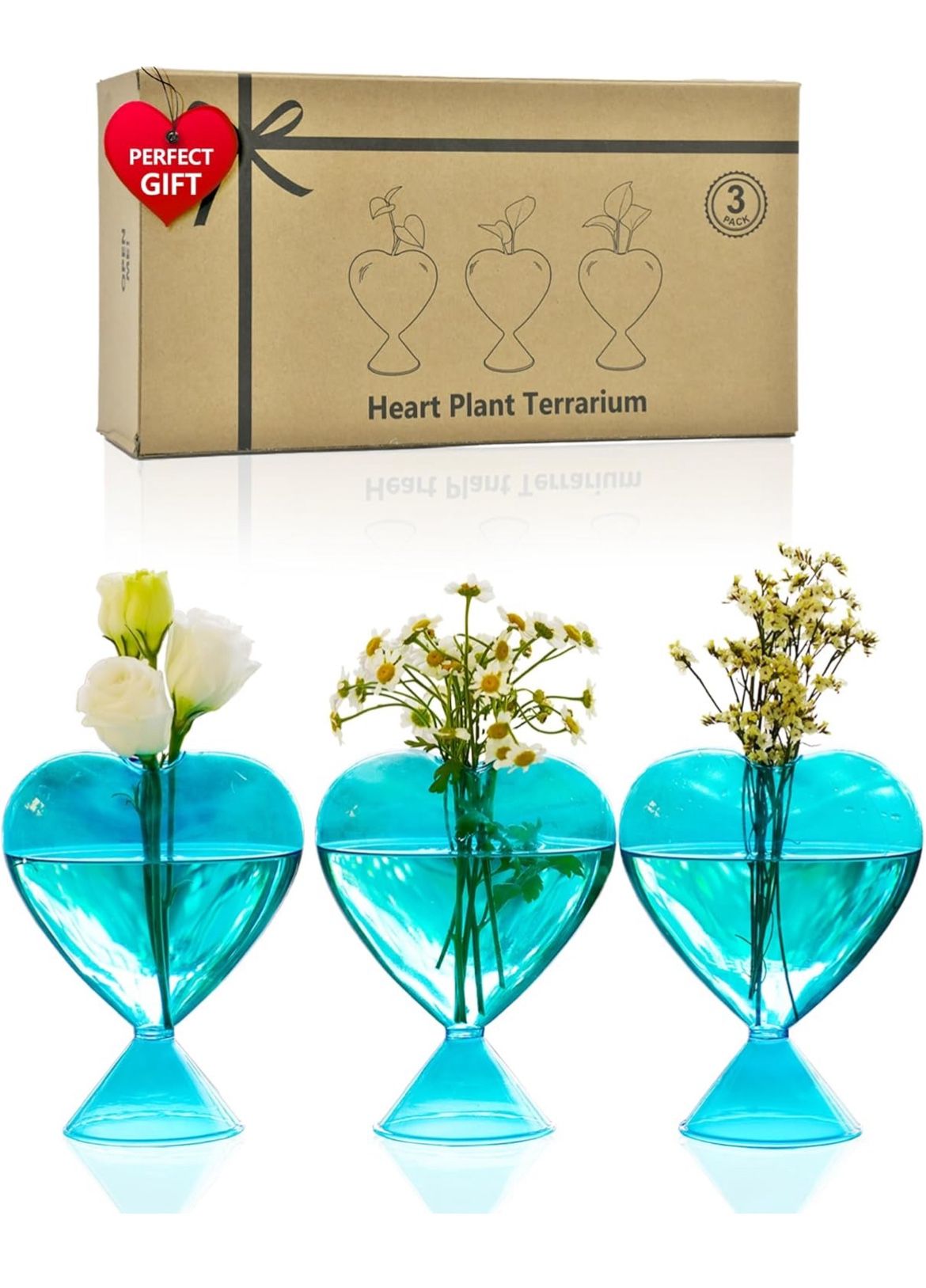 New In Box Small Glass Bud Vases for Flowers: Birthday Gifts for Wife Women Mom Garden Lovers- Set of 3 Heart Plant Terrarium for Wedding Cente
