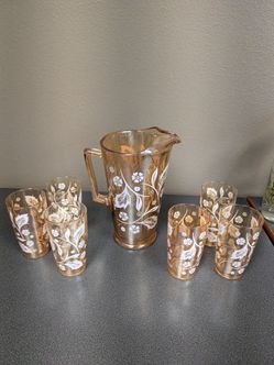 Vintage Jeannette Marigold Carnival glass Pitcher and set of 6 glasses
