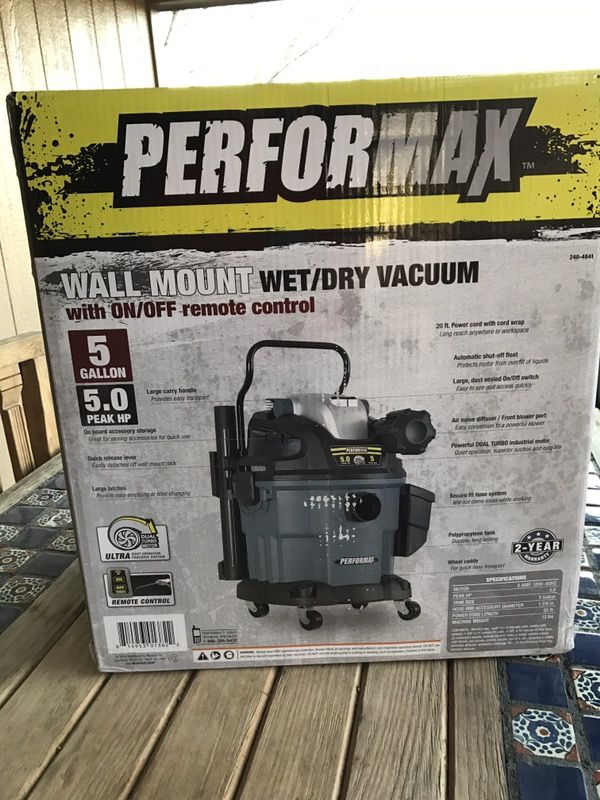 Performax wall mount wet dry vac with on off remote control - never used in box 5 gallon