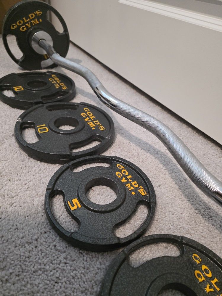 Gold’s Gym Curl Bar + 40 lbs Weight Plates (Great Condition)