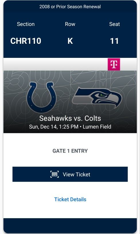 Seattle Seahawks VS Indianapolis Colts CHARTER SEATS