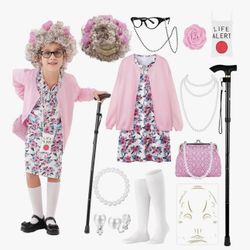Old Lady Costume Set with Granny Dress Cardigan Old Lady Wig Glasses