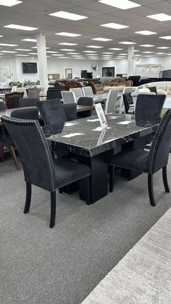 Stunning Black Marble look dining set w/Sleek black base