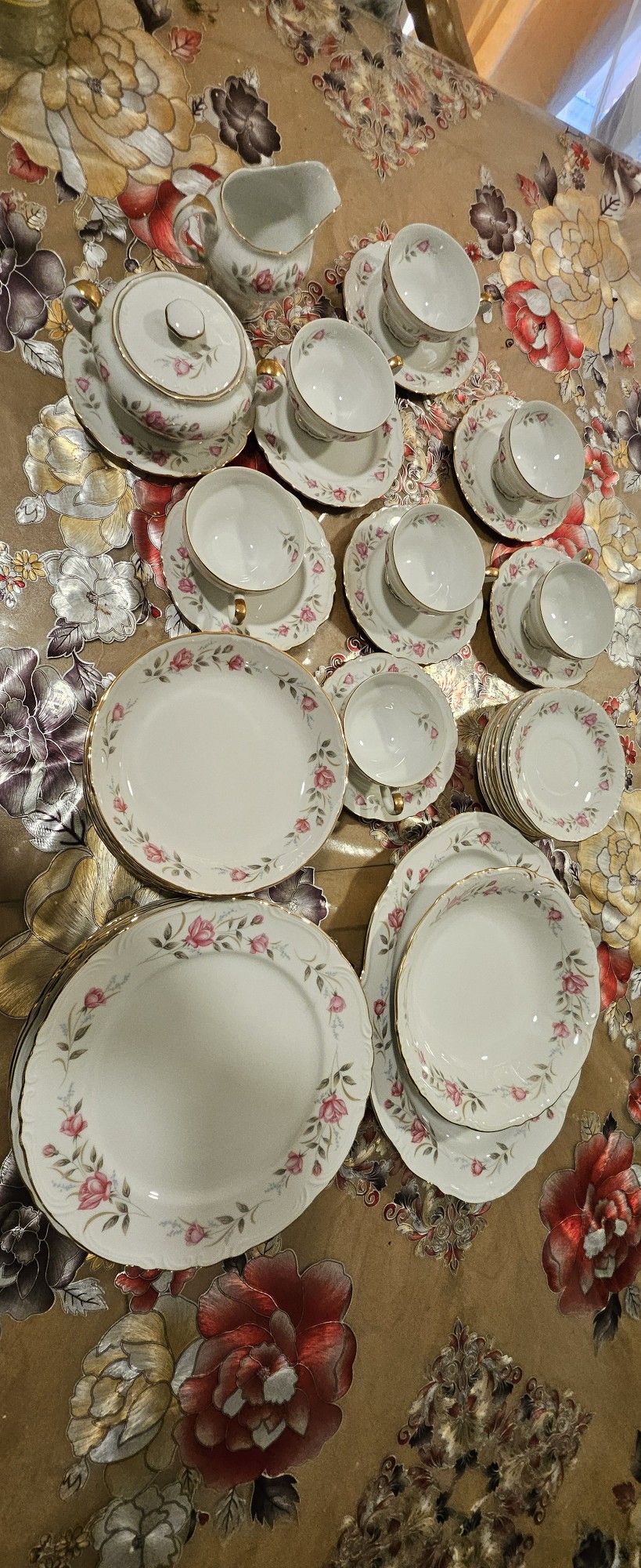 Vintage High end 40 piece floradora China set pink flowers gold trim white
