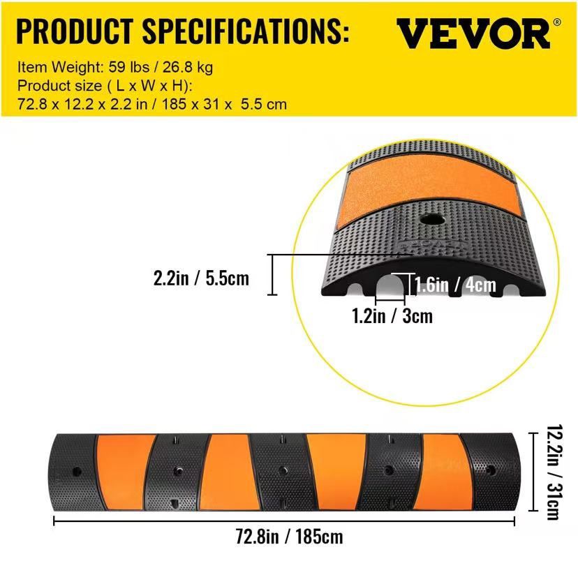 Rubber Speed Bump, 1 Pack 2 Channel Speed Bump Hump, 72.8" Long Modular Speed Bump Rated 22000 LBS Load Capacity, 72.8 x 12.2 x 2.2 Garage Speed Bump