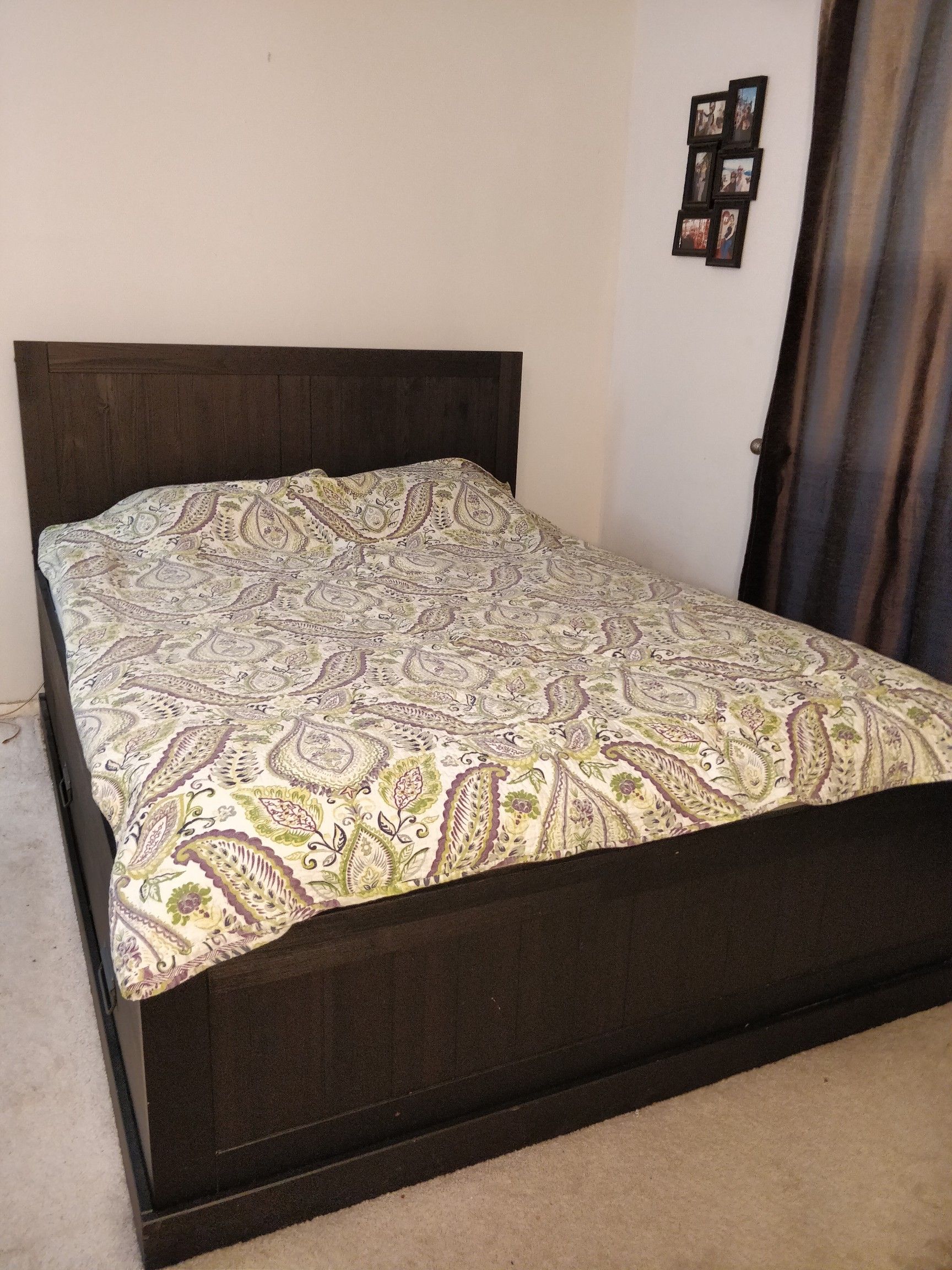 Solid wood Queen bed frame with 4 big side drawers and mattress in very good condition, pet free smoke free.