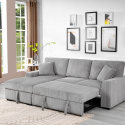 Light Gray Fabric LHF Pull Out Sectional Sofa & Storage 