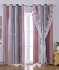 Ombre Rainbow Blackout Curtains for Kid Girls Bedroom Living Room Darking Stripe Double Layer Star Cut Out Wall Home Decor Gradient Grommet Window Cur