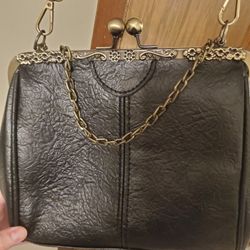 Vintage Style Black Faux Leather Crossbody Bag With Bronze Colored Hardware 