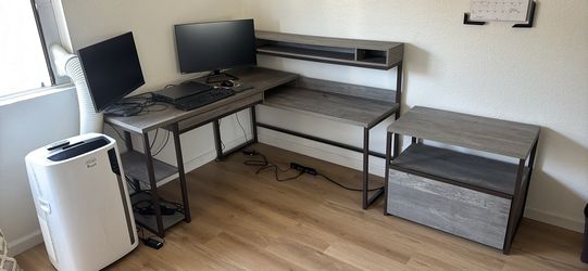 L Shaped Wood/Metal Office Desk With Filing Cabinet - Built in Phone Charger