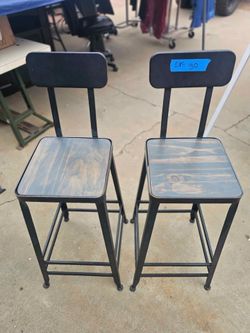 Pair of Industrial Metal and Wood Bar Stools