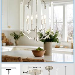 Brand New 5 Light Lantern Chandelier W/Glass Panels, Adjustable Height Up To 47” Brushed Nickel, Bulbs Not Included