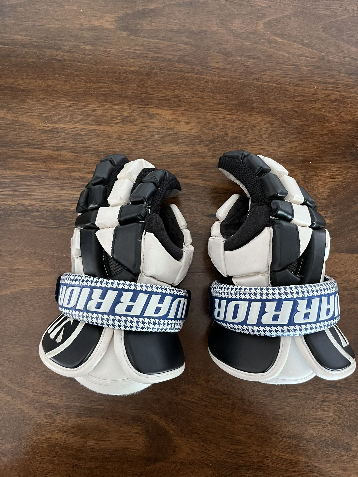 Black & White Warrior Riot Lacrosse Gloves with Blue Switch Cuffs