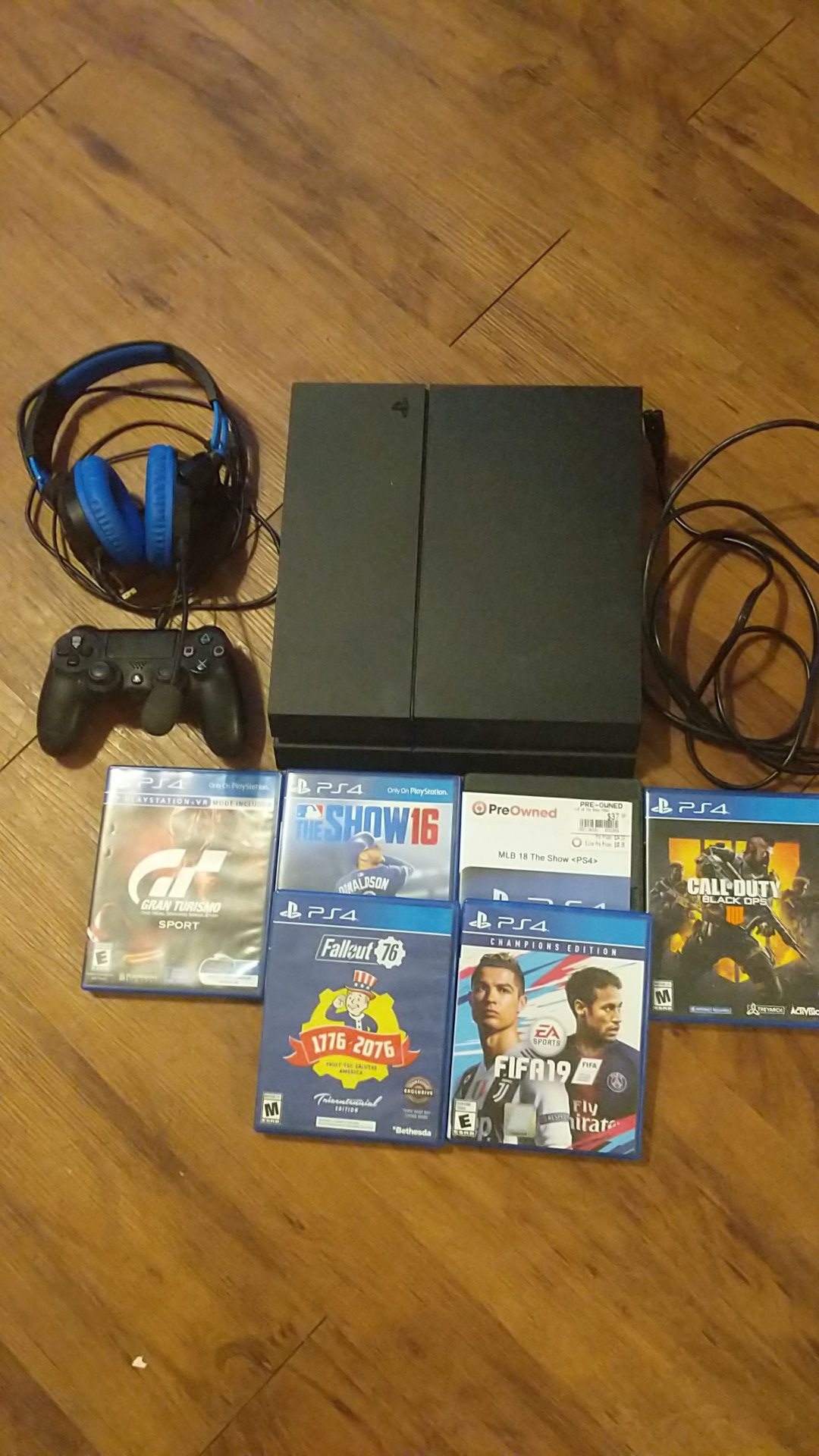 PS4, 6 games, controller, headset, and cords