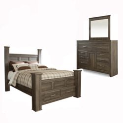 Walnut Brown bed frame + dresser with mirror