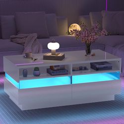 ChVans Modern LED Coffee Table with Storage Drawers,High Glossy 2-Tier White Coffee Table w/ 60000-Color LED Lights,App Control,Rectangle Center Table