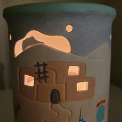 Artisan-Crafted Southwestern Adobe Village Hand-Painted Ceramic Candle Holder Illuminated W/Cutouts 