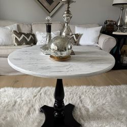 Hervey French Country Round Pedestal Coffee Table – Distressed White Top & Black Base 