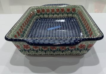 Polish Pottery Pink Flower Rectangular Casserole Dish