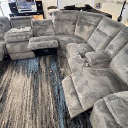NEW Teddy Cloud Grey Sectional Sofa Set w/ Power Motion Recliner