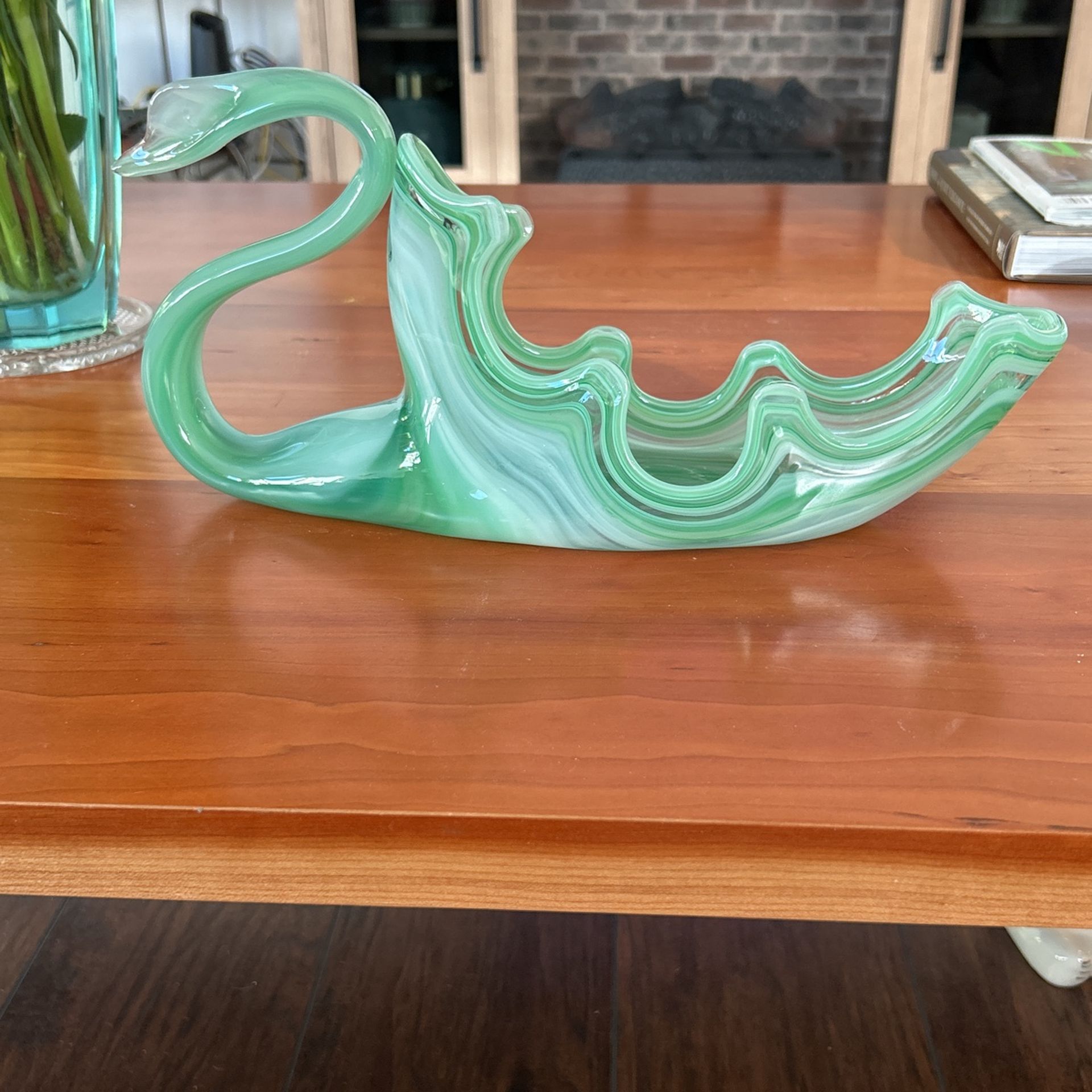 Vintage Green Swirls Marino Style Hand blown Art Glass Swan Blown Dish