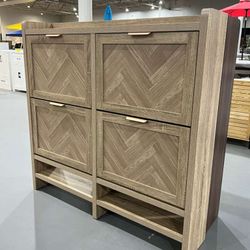 Shoe Storage Cabinet with 4 Flip Drawers, Farmhouse Wooden Shoe Cabinet with Bottom Open Shelf, Narrow Freestanding Shoe Rack Organizer, Hidden Shoe 