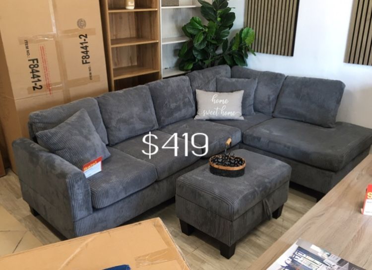 3-pc Sectional Sofa With Storage Ottoman Dark Grey Corduroy ✅ $419 No Tax