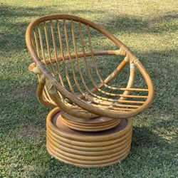 Vintage Mid Century Modernist BoHo Chic Cane Rattan Bamboo Tilt Swivel Platform Hoop Accent Arm Chair