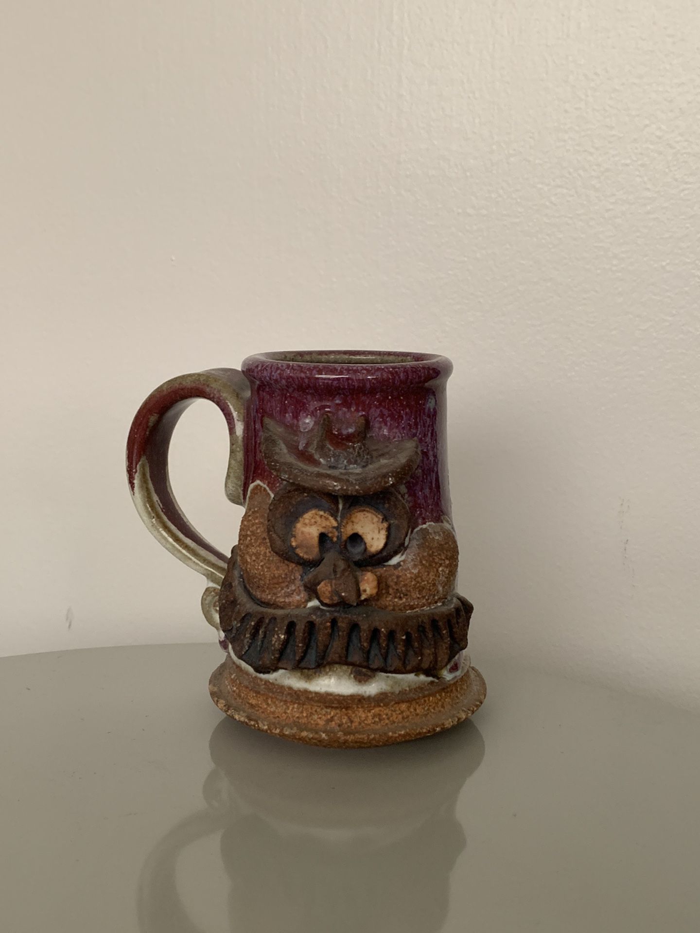 Vintage Signed Ooak Face Folk Art Americana Stoneware Glazed Mug Cup Drinking Vessel Decor Sculpture Ceramics