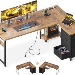L Shaped Desk with 4 Tier Drawers, 61" Reversible Gaming Desk with Power Outlets, L Shaped Computer Table with USB Charging Port and Host St