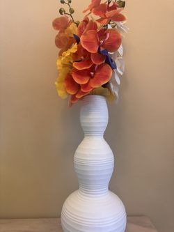 White Ribbed Hourglass Vase w/ Faux Floral Arrangement